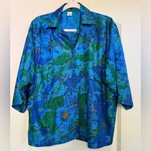 Vtg 2X 100% Silk Hawaiian Tropical Blue and Green floral Blouse,Coastal Grandma